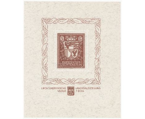 Liechtenstein 1934 Vaduz First Liechtenstein 5fr chocolate, philatelic Exhibition m/sheet. SG MS144  mounted mint, cat £2750 