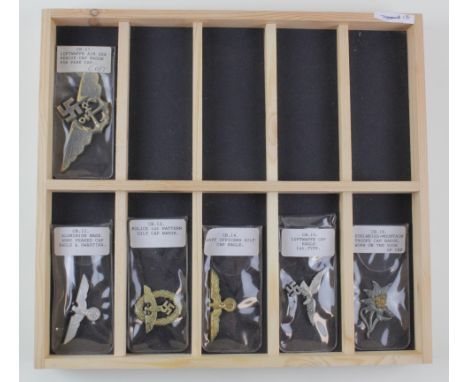 German Nazi collection of metal Cap badges inc Edelweiss Mountain Troops cap badge, Luftwaffe, Police, Army, plus one copy  (