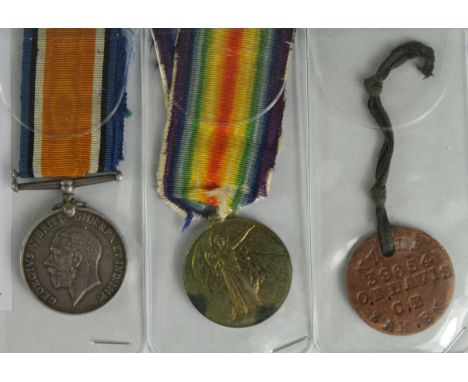 BWM &amp; Victory Medals + ID Tag to 39654 Pte O E Davis NZEF. (2nd Bn Auckland Regt). Born Auckland 1882. Wounded 4th Octobe