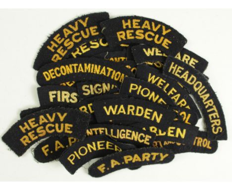 Cloth Badges: Civil Defence WW2 embroidered felt shoulder title badges - Job Titles including Control, Rescue, Headquarters, 