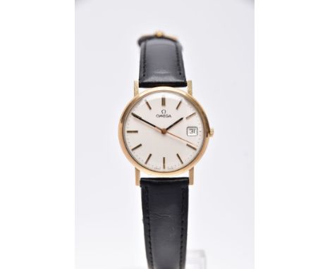 A GENTS 9CT GOLD GOLD 'OMEGA' WRISTWATCH, hand wound movement, round silver dial signed 'Omega', baton markers, date window a