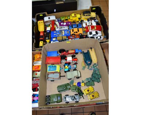 A QUANTITY OF UNBOXED AND ASSORTED PLAYWORN DIECAST VEHICLES, to include Corgi Toys Batmobile, No.267, version with towing ho