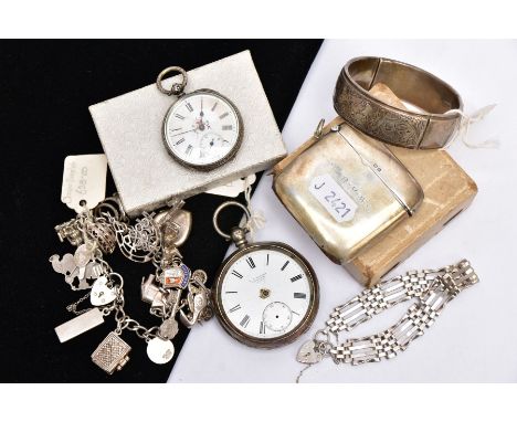 A SELECTION OF SILVER AND WHITE METAL ITEMS, to include a bangle designed with an engraved floral pattern, fitted with a push