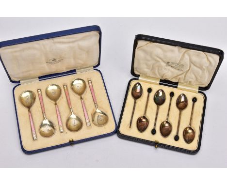 TWO CASED SETS OF SILVER, GUILLOCHE ENAMEL COFFEE AND TEASPOONS, the first a set of six pink guilloche enamel teaspoons with 