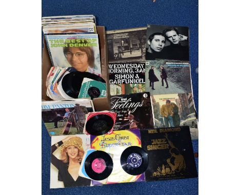 A TRAY CONTAINING APPROXIMATELY FORTY LP'S AND FIFTY SLEEVED AND UNSLEEVED SINGLES by artists such as The Beatles, The Rollin