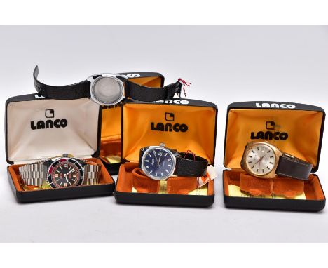 FOUR BOXED 'LANCO' WRISTWATCHES the first with a gold plated case, champagne dial signed 'Lanco' baton markers, date window a