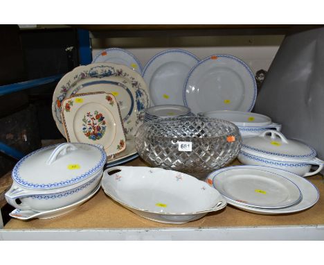 A GROUP OF CERAMICS AND A CUT GLASS BOWL, including a Schlaggenwald Czechoslavakian part blue and white part dinner service, 