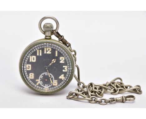 A WHITE METAL, OPEN FACE POCKET WATCH, round black dial signed 'Cyma', Arabic numerals, seconds subsidiary dial at the six o'
