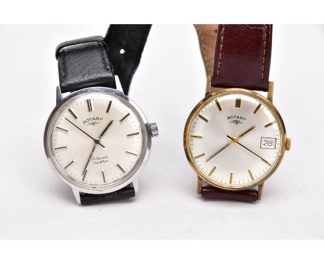 TWO GENTS 'ROTARY' WRISTWATCHES, the first of a hand wound movement, round silver dial signed 'Rotary', date window at the th