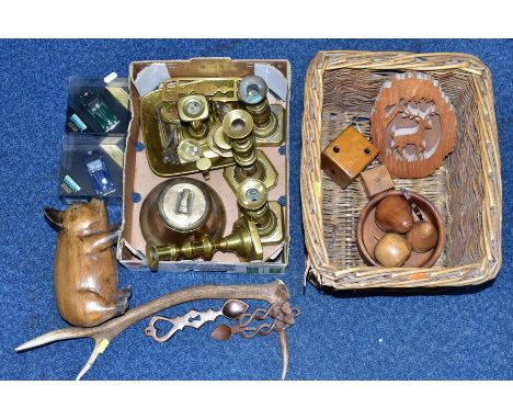 A SMALL BOX OF METALWARES AND A WICKER BASKET OF TREEN, etc including two boxed Vitesse models of Morgan cars L161A and L139B