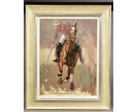 MARK SPAIN (BRITISH CONTEMPORARY), 'POLO PLAYER II'  a portrait of a polo pony with rider about to strike the ball, signed bo