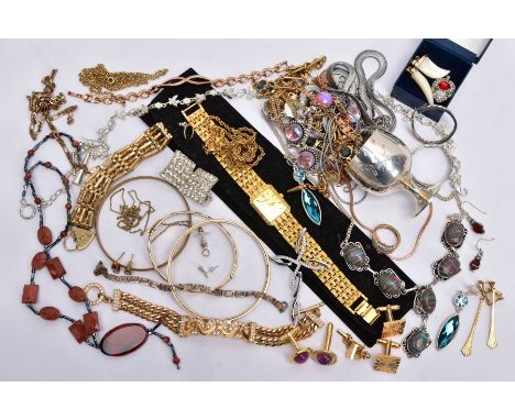 A BAG OF ASSORTED COSTUME JEWELLERY AND ITEMS, a gold plated gate bracelet fitted with a gold plated heart clasp, a stainless