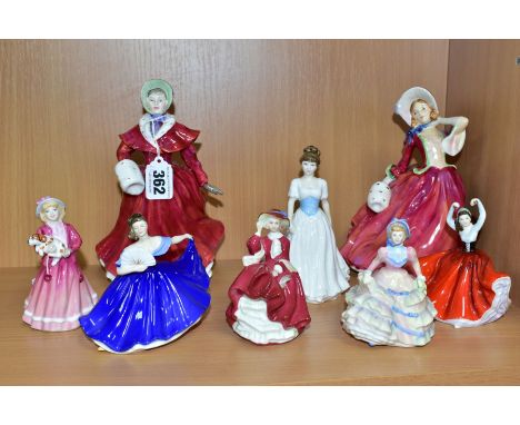 EIGHT ROYAL DOULTON LADY FIGURES, comprising 'The Skater' HN3439, 'Autumn Breezes' HN1934, 'Hannah' HN3649, 'Karen' HN3270, C