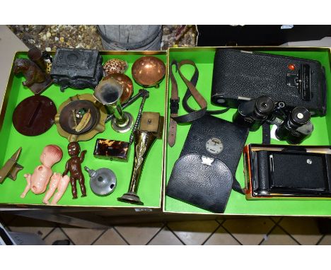 TWO SMALL BOXES OF COLLECTABLES, including a small tortoiseshell box, width 6.5cm, s.d, a carved bear spill/match holder, hei