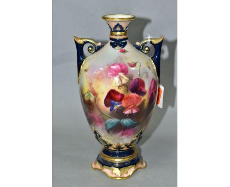 A ROYAL WORCESTER TWIN HANDLED HADLEY SHAPE VASE, hand painted with sweet peas to front and back, signed C.V.White, green pri