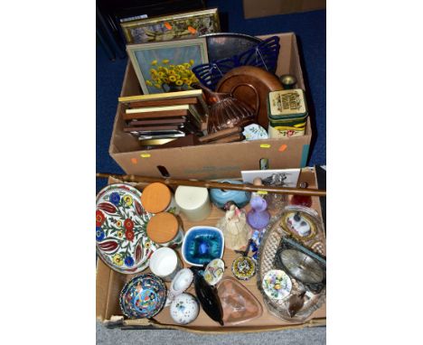 TWO BOXES OF CERAMICS, GLASSWARE, TREEN, METALWARE, etc, including a walking stick, Caithness vase, two Portmeirion small sto