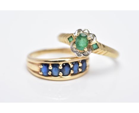TWO 9CT GOLD RINGS, the first deigned with a row of five oval cut, claw set blue sapphires, hallmarked 9ct gold Birmingham im