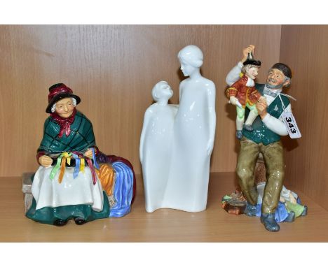 THREE ROYAL DOULTON FIGURES, comprising The Puppetmaker HN2253, Silks and Ribbons HN2017 and Brother and Sister HN3460, all f
