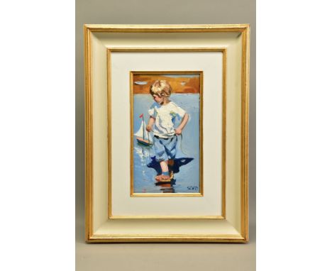 SHERREE VALENTINE DAINES (BRITISH 1959) 'FIRST VOYAGE', a small boy playing with his pond yacht, initialled bottom right, oil