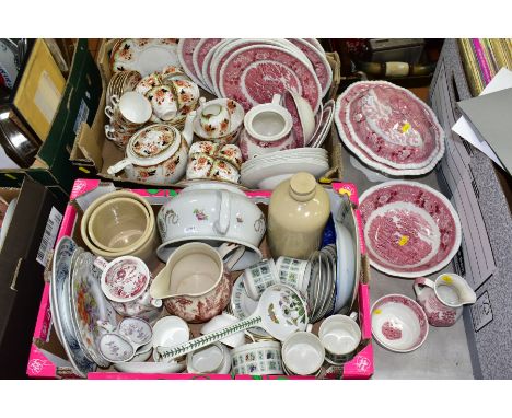 TWO BOXES AND LOOSE CERAMICS, etc, to include Adams 'English Scenic' tureen (crack to lid), three oval meat platters, teapot 