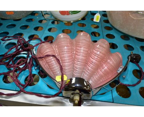 TWO BOXES AND LOOSE CERAMICS AND GLASSWARE, including a pink glass and chrome shell shaped wall light, an early 20th Century 