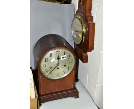 AN EARLY 20TH CENTURY JUNGHENS MAHOGANY STAINED WALNUT AND SATINWOOD STRUNG DOME TOP MANTEL CLOCK, Arabic numerals, eight day