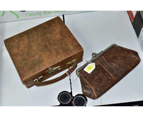 A LADIES VINTAGE SNAKE SKIN PURSE, the fabric lined interior with some staining, together with a small snakeskin effect trave