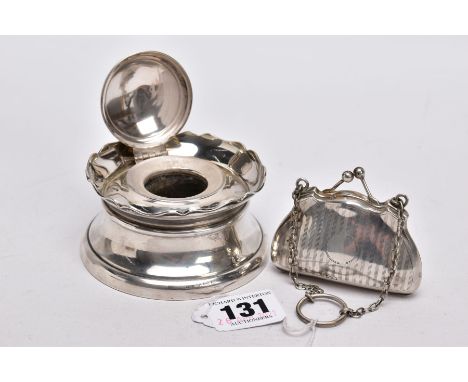 A SILVER INK WELL AND A SILVER PURSE, the ink well of a circular design, wavy rim, hallmarked 'Napper &amp; Davenport' Birmin