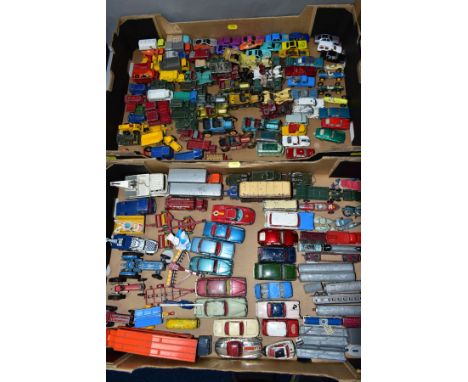 A QUANTITY OF UNBOXED AND ASSORTED PLAYWORN DIECAST VEHICLES, to include spot-on Morris 1100 No 262, Corgi Toys Mini Cooper S