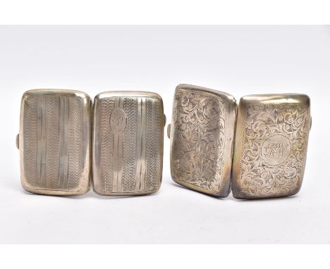 TWO SILVER CIGARETTE CASES, the first of a rectangular form, with an engraved floral design and an engraved monogram,  push b