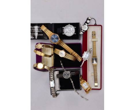 A BOX OF ASSORTED WRISTWATCHES AND A BRACELET, to include twelve watches such as a gents 'Avia' round blue dial signed 'Avia 