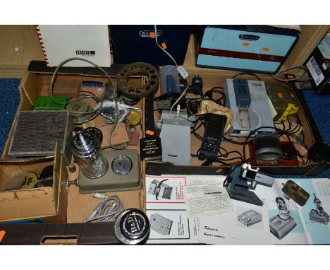 TWO BOXES OF ASSORTED WATCH MAKERS EQUIPMENT, to include a 'Mido' water testing tank and booklet, a 'Greiner Electronic' mirc