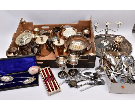 A BOX OF METALWARE, to include an 'Arthur Price' single flower vase EPNS teapot, coffee pot, goblets, rose bowl, milk jug, su