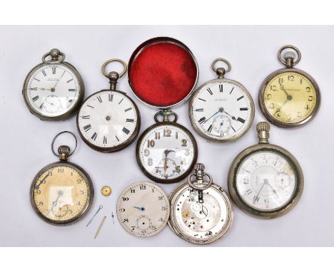 A BOX OF ASSORTED POCKET WATCHES, to include a silver pocket watch with a worn engine turn design, white dial signed H.Samuel