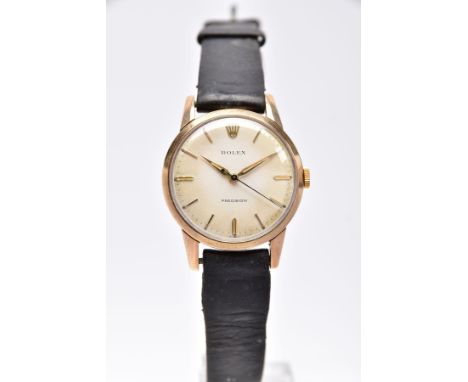 A GENTS 9CT GOLD 'ROLEX' PRECISION WRISTWATCH, hand wound movement, round discoloured cream dial, signed 'Rolex, Precision', 