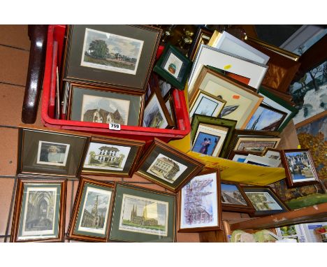 TWO BOXES AND LOOSE PICTURES AND PRINTS etc to include six amateur oils on board depicting landscapes and a portrait, topogra