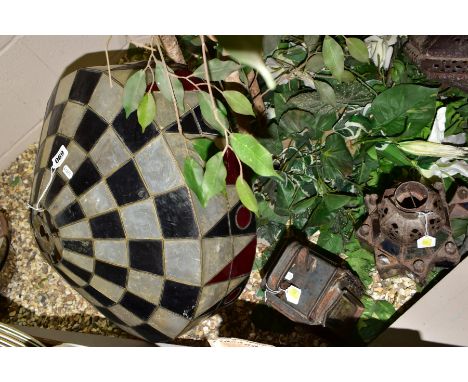 VARIOUS LIGHTS, comprising large Deco style 1950's shade (small panels loose), various Moroccan hand crafted metal hanging la