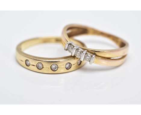 TWO 9CT GOLD DIAMOND RINGS, the first of a crossover design, set with three round brilliant cut diamonds, total estimated dia