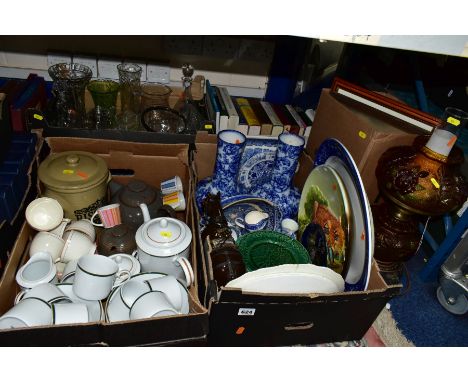 FIVE BOXES OF CERAMICS, GLASS AND BOOKS ETC, to include Noritake 'Legendary' coffee pot, six cups and ten bowls, milk and sug