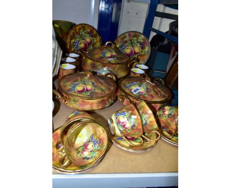 BARONESS FINE CHINA 'FALLEN FRUITS' PART TEA/DINNER SERVICE, comprising six tea cups and saucers, five mugs, two serving dish