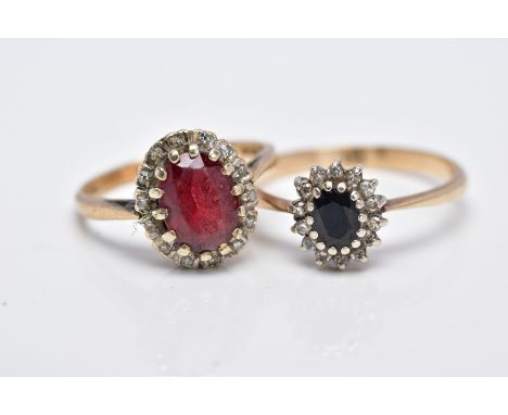 A 9CT GOLD GARNET CLUSTER RING AND A YELLOW METAL SAPPHIRE AND DIAMOND CLUSTER, the first designed with a central, oval cut g