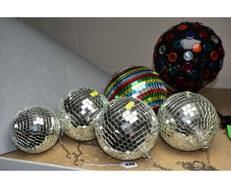 FIVE MIRRORED DISCO BALLS OF VARIOUS SIZES, smallest height 13cm and tallest height 19cm, all with hanging chains attached, t