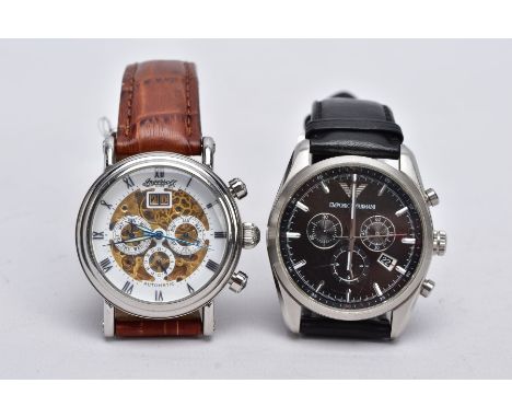 TWO GENTS CHRONOGRAPH WRISTWATCHES, the first with a round black dial signed 'Emporio Armani', baton markers, date window at 