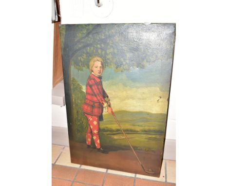 AN LATER 20TH CENTURY OIL ON CANVAS, depicting a male figure playing golf, he is wearing a tartan jacket and diamond pattern 
