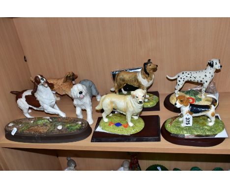 A GROUP OF SEVEN ROYAL DOULTON DOG FIGURES, comprising four boxed with plinths Beagle RDAII, Dalmatian RDA7, Golden Retriever