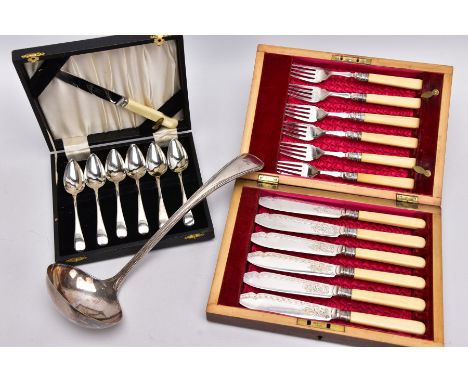 TWO CASED SETS OF FLATWARE AND A 'MAPPIN AND WEBB' LADLE, to include an Edwardian twelve piece EPNS fish knife and fork set, 