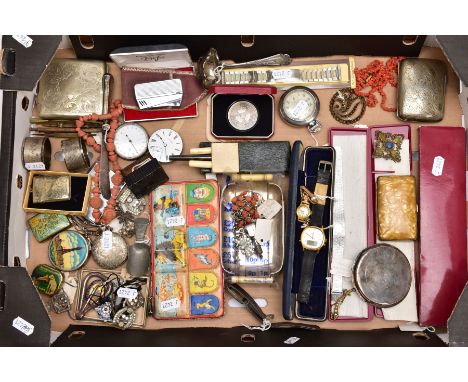 A BOX OF ASSORTED ITEMS, to include two white metal cigarette cases, white metal napkin rings, trinkets, pocket watches, broo