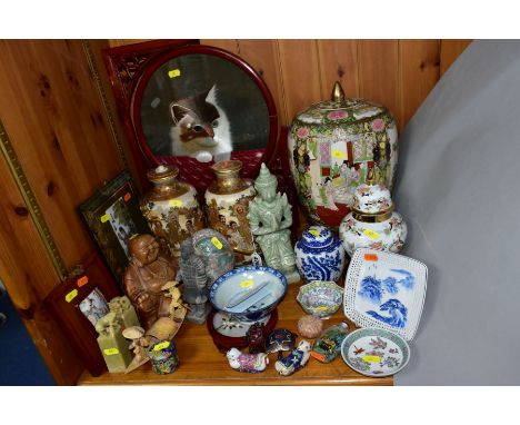 ORIENTAL WARES ETC, to include a blue pattern bowl with character mark to base, a Thai Celadon kneeling Buddha stature, heigh