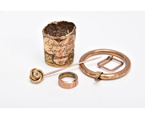 A BAG OF ASSORTED 9CT GOLD AND YELLOW METAL ITEMS, to include a 9ct gold cheroot band hallmarked 9ct gold London, a 9ct gold 