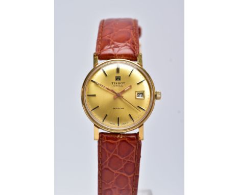 A GENTS 'TISSOT' WRISTWATCH, hand wound movement, round gold dial signed 'Tissot Swiss, Seastar', baton markers, date window 